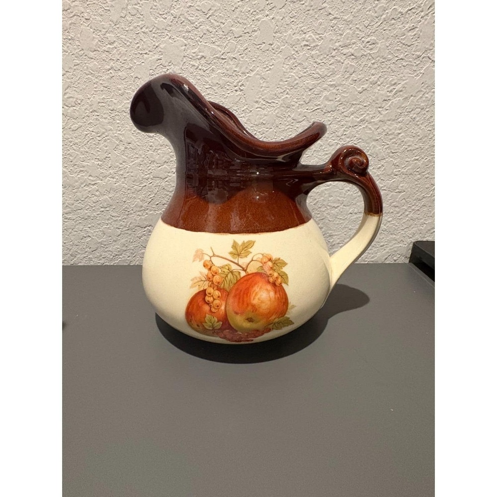 Vintage McCoy Pitcher #7515 Brown & Cream w/ Harvest Fruit – 8" Tall – 1970s
